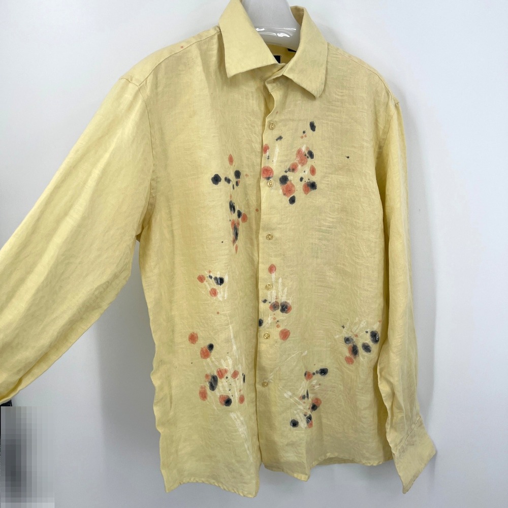 Men's International Laundry 100% Linen Shirt Butter Yellow Artist Painted Size L